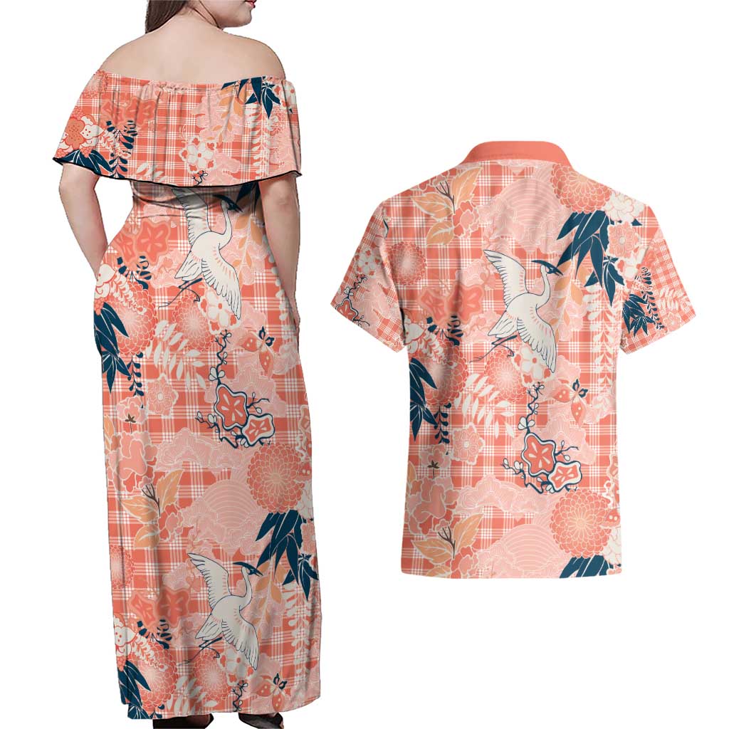 Red Palaka Crane and Flowers Couples Matching Off Shoulder Maxi Dress and Hawaiian Shirt Japan Heritage Spirit LT9 - Polynesian Pride