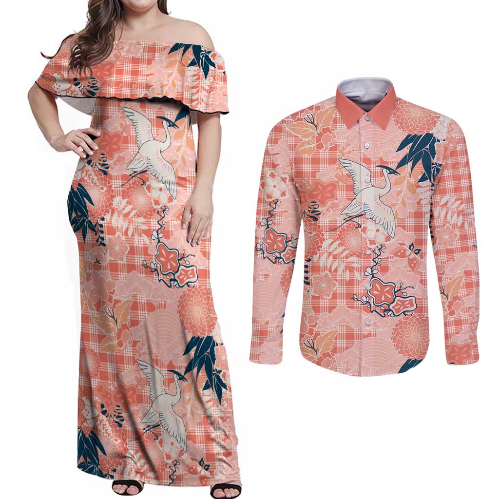 Red Palaka Crane and Flowers Couples Matching Off Shoulder Maxi Dress and Long Sleeve Button Shirt Japan Heritage Spirit LT9 Red - Polynesian Pride