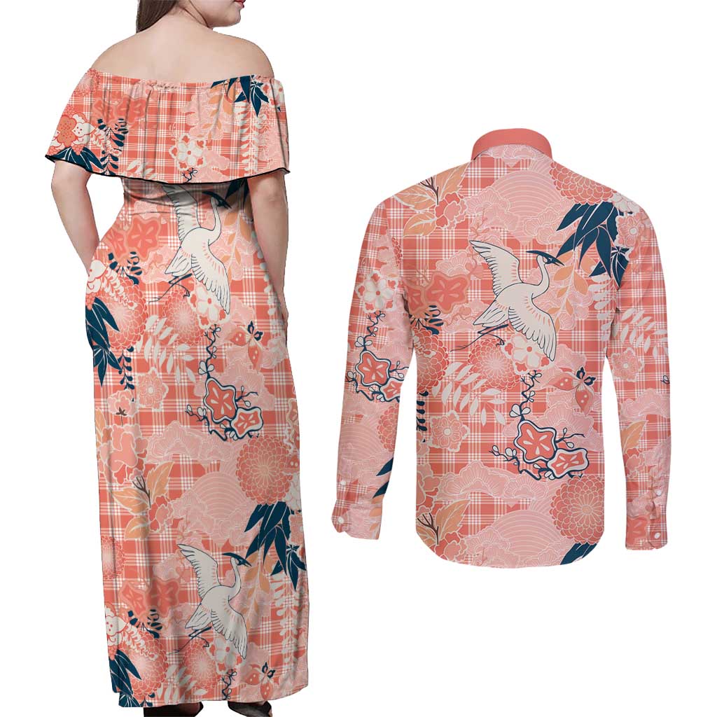 Red Palaka Crane and Flowers Couples Matching Off Shoulder Maxi Dress and Long Sleeve Button Shirt Japan Heritage Spirit LT9 - Polynesian Pride
