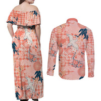Red Palaka Crane and Flowers Couples Matching Off Shoulder Maxi Dress and Long Sleeve Button Shirt Japan Heritage Spirit LT9 - Polynesian Pride