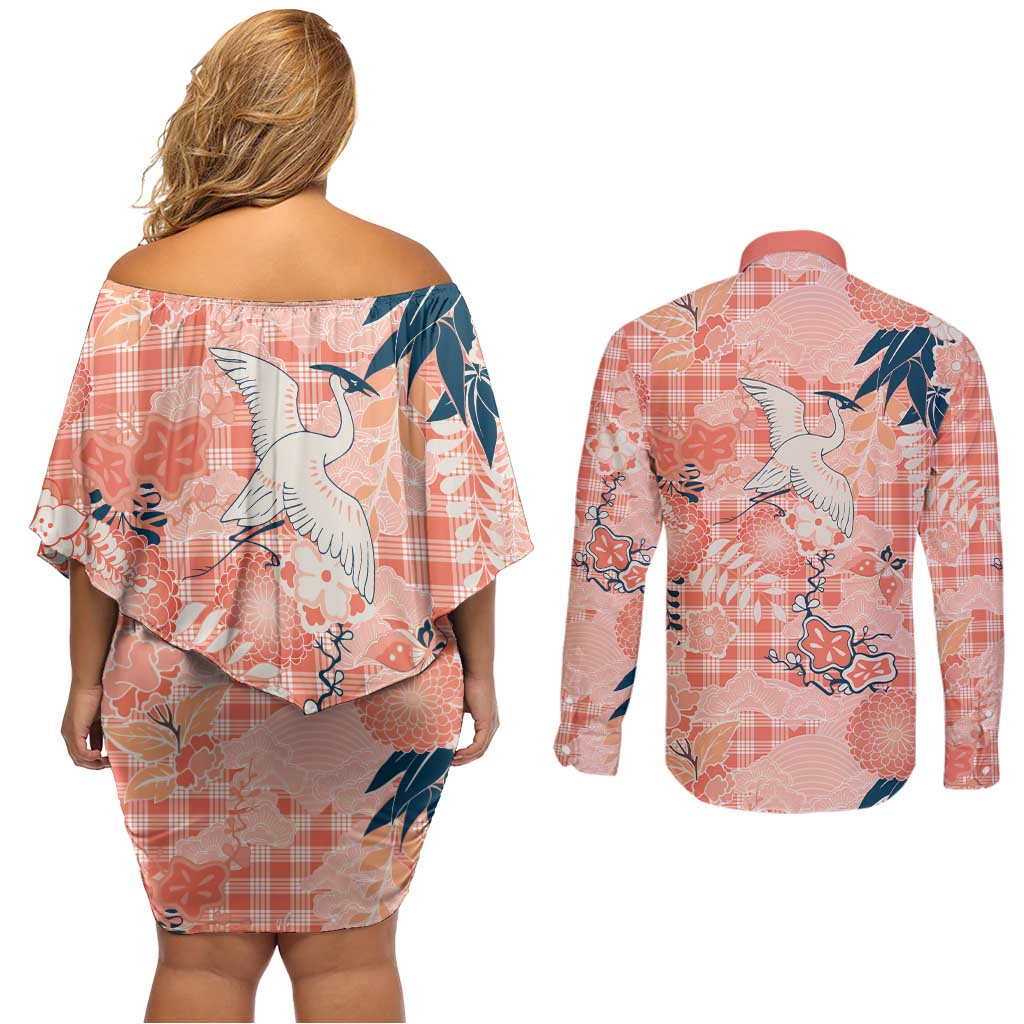 Red Palaka Crane and Flowers Couples Matching Off Shoulder Short Dress and Long Sleeve Button Shirt Japan Heritage Spirit LT9 - Polynesian Pride