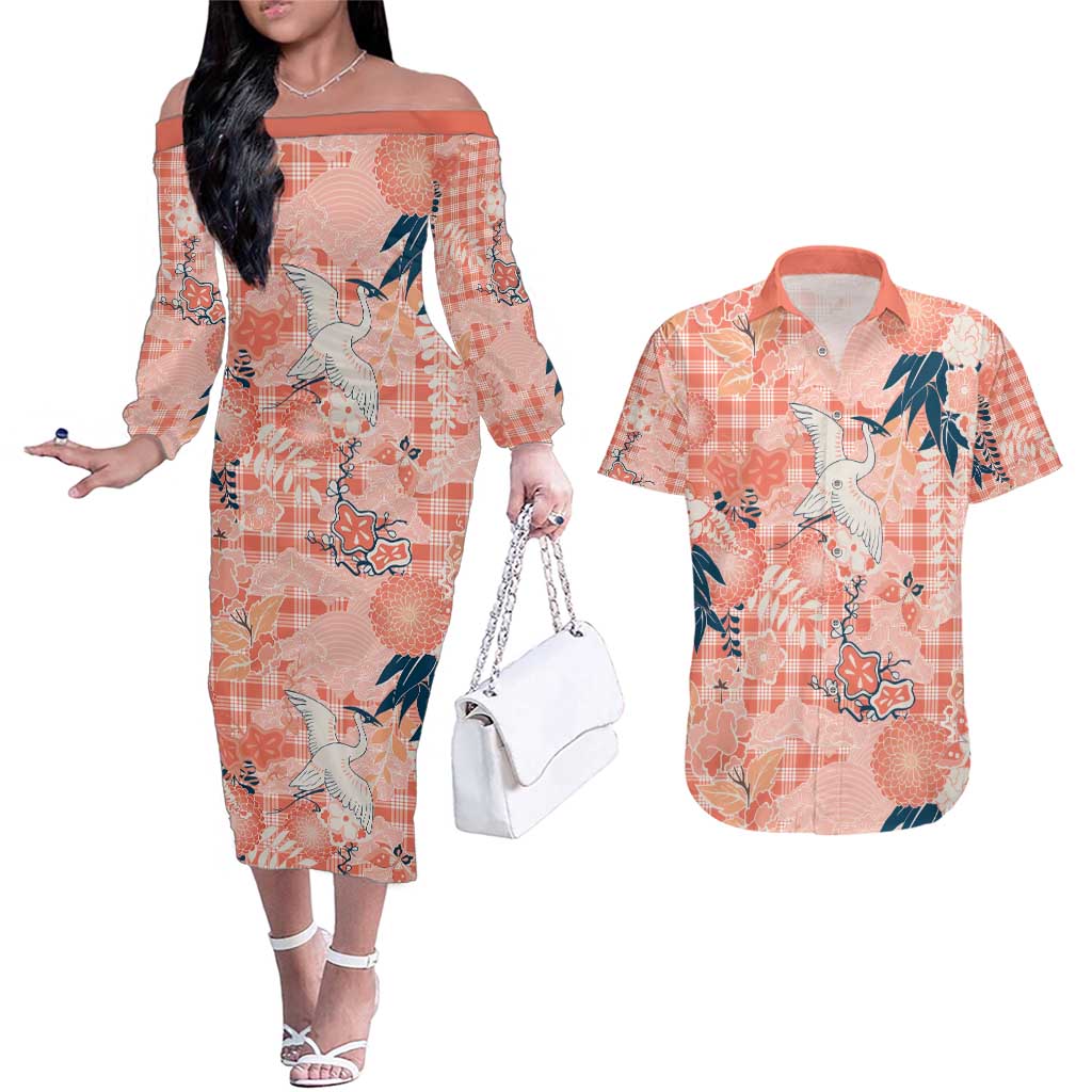 Red Palaka Crane and Flowers Couples Matching Off The Shoulder Long Sleeve Dress and Hawaiian Shirt Japan Heritage Spirit LT9 Red - Polynesian Pride