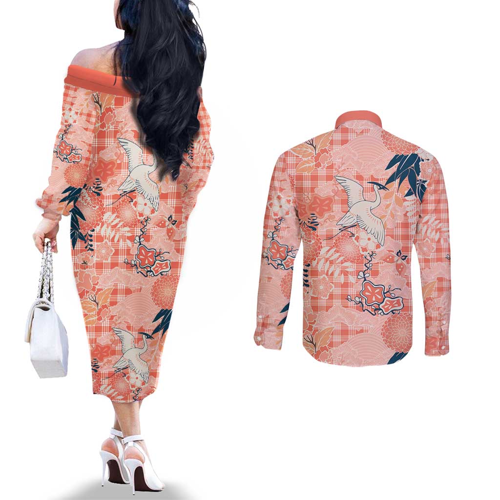 Red Palaka Crane and Flowers Couples Matching Off The Shoulder Long Sleeve Dress and Long Sleeve Button Shirt Japan Heritage Spirit LT9 - Polynesian Pride