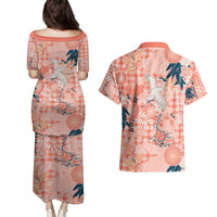 Red Palaka Crane and Flowers Couples Matching Puletasi and Hawaiian Shirt Japan Heritage Spirit LT9 - Polynesian Pride