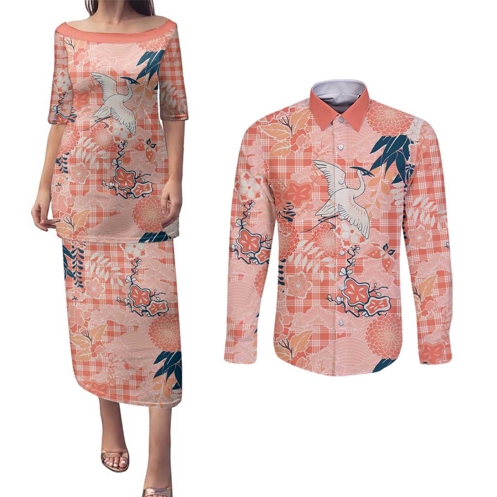 Red Palaka Crane and Flowers Couples Matching Puletasi and Long Sleeve Button Shirt Japan Heritage Spirit LT9 Red - Polynesian Pride