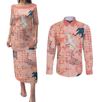 Red Palaka Crane and Flowers Couples Matching Puletasi and Long Sleeve Button Shirt Japan Heritage Spirit LT9 Red - Polynesian Pride