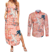 Red Palaka Crane and Flowers Couples Matching Summer Maxi Dress and Long Sleeve Button Shirt Japan Heritage Spirit LT9 Red - Polynesian Pride