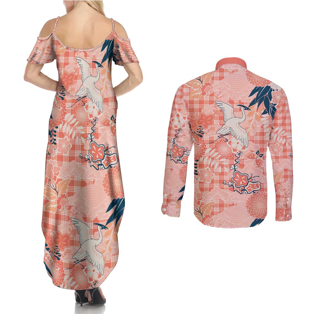 Red Palaka Crane and Flowers Couples Matching Summer Maxi Dress and Long Sleeve Button Shirt Japan Heritage Spirit LT9 - Polynesian Pride