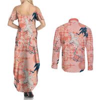 Red Palaka Crane and Flowers Couples Matching Summer Maxi Dress and Long Sleeve Button Shirt Japan Heritage Spirit LT9 - Polynesian Pride
