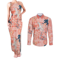 Red Palaka Crane and Flowers Couples Matching Tank Maxi Dress and Long Sleeve Button Shirt Japan Heritage Spirit LT9 Red - Polynesian Pride