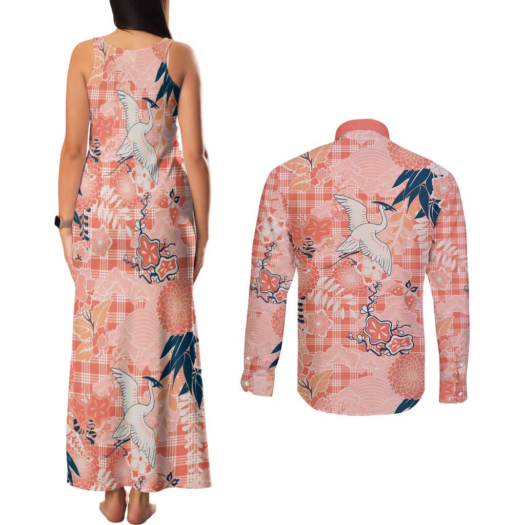 Red Palaka Crane and Flowers Couples Matching Tank Maxi Dress and Long Sleeve Button Shirt Japan Heritage Spirit LT9 - Polynesian Pride