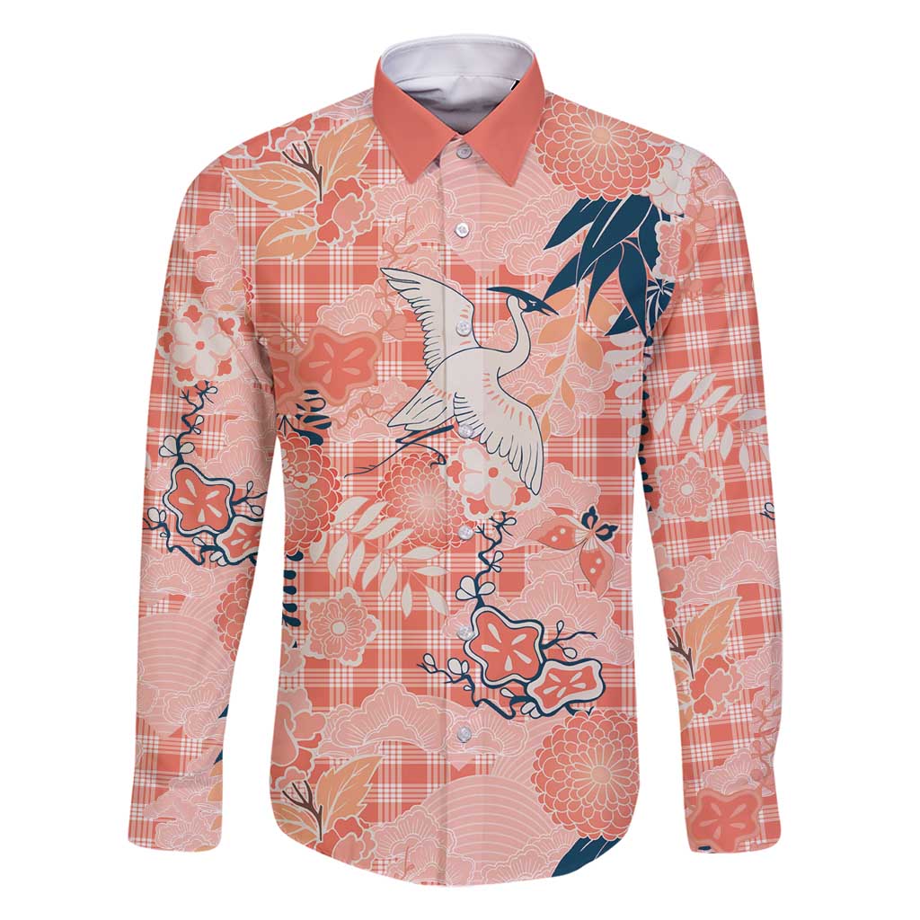 Red Palaka Crane and Flowers Family Matching Long Sleeve Bodycon Dress and Hawaiian Shirt Japan Heritage Spirit LT9 Dad's Shirt - Long Sleeve Red - Polynesian Pride