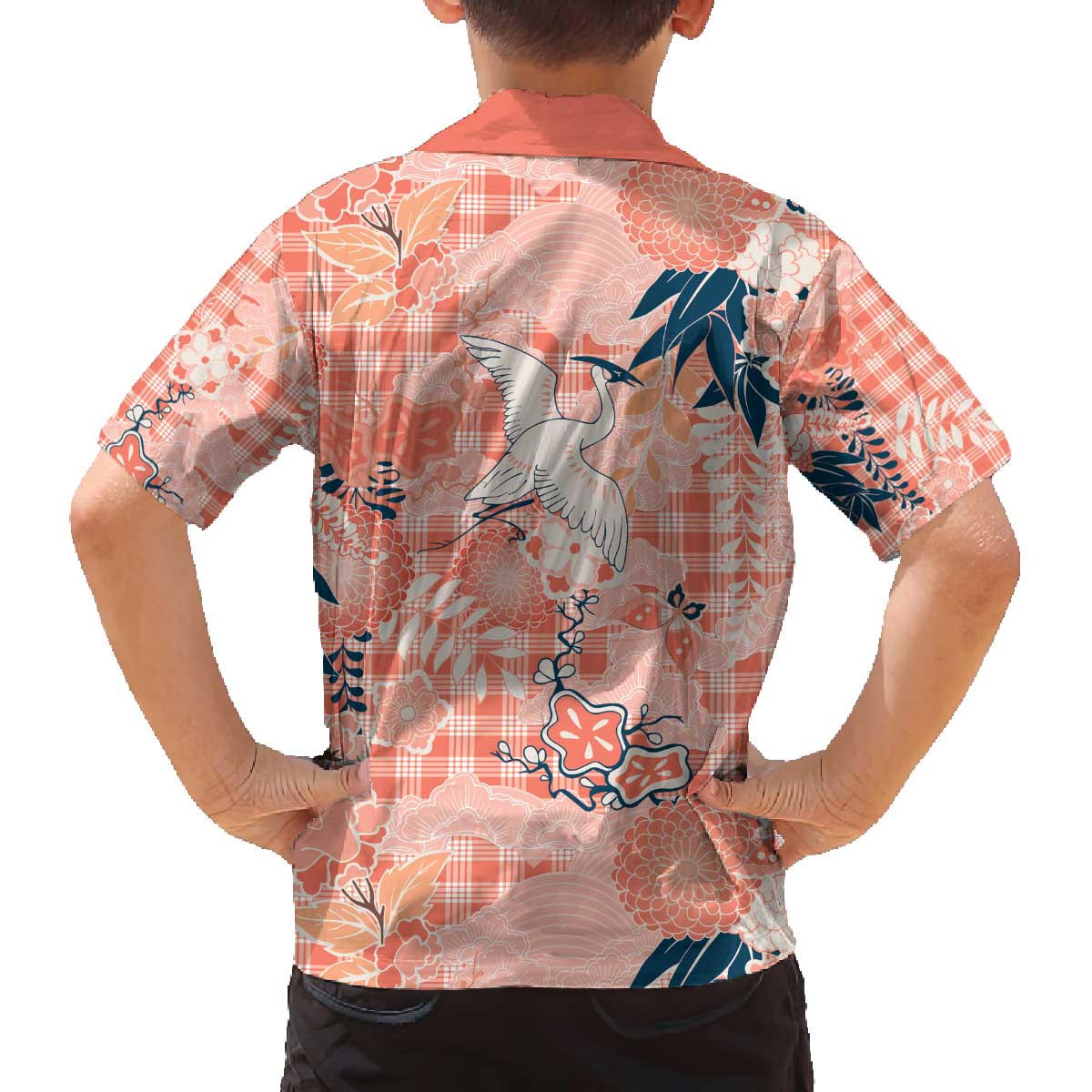 Red Palaka Crane and Flowers Family Matching Off The Shoulder Long Sleeve Dress and Hawaiian Shirt Japan Heritage Spirit LT9 - Polynesian Pride