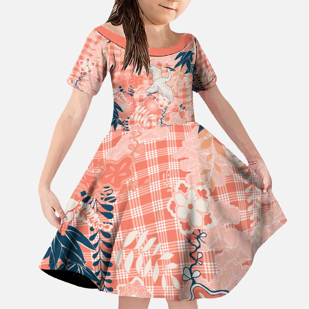 Red Palaka Crane and Flowers Family Matching Off The Shoulder Long Sleeve Dress and Hawaiian Shirt Japan Heritage Spirit LT9 Daughter's Dress Red - Polynesian Pride