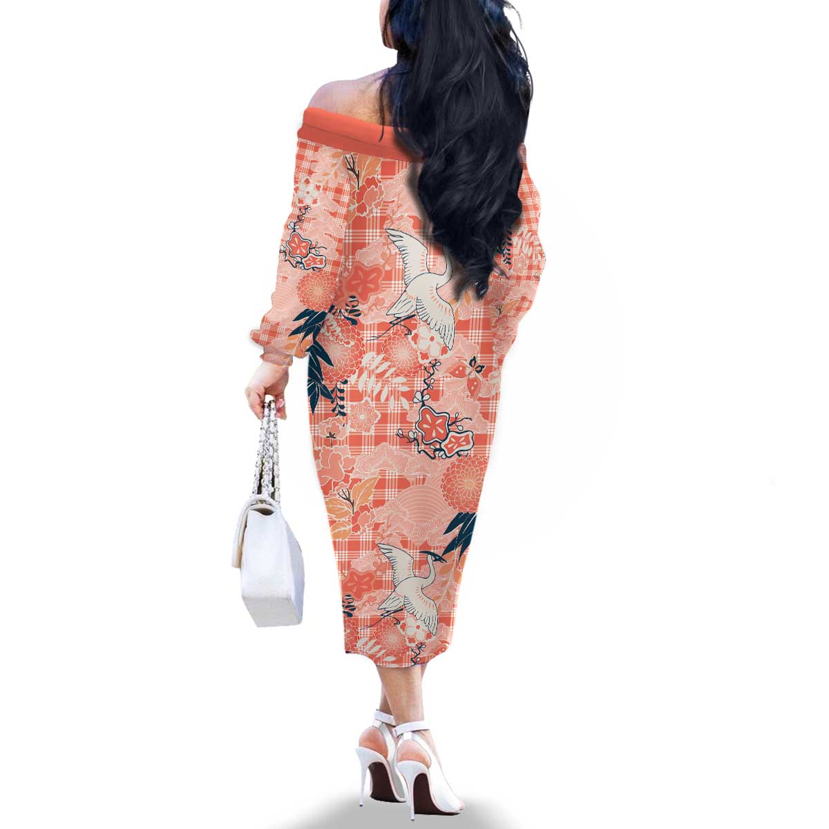 Red Palaka Crane and Flowers Family Matching Off The Shoulder Long Sleeve Dress and Hawaiian Shirt Japan Heritage Spirit LT9 - Polynesian Pride