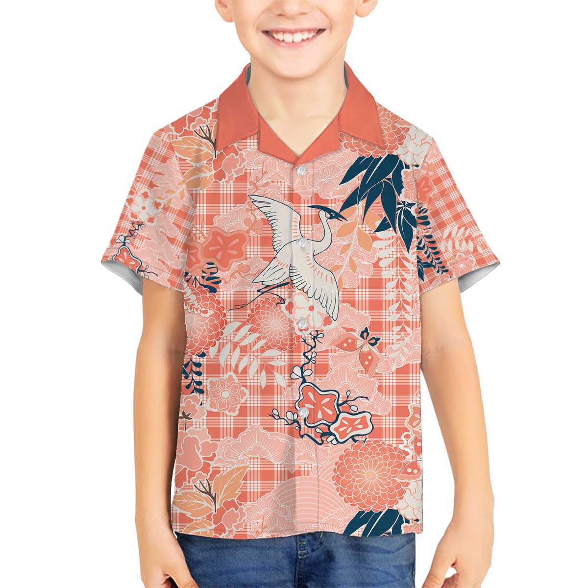 Red Palaka Crane and Flowers Family Matching Off The Shoulder Long Sleeve Dress and Hawaiian Shirt Japan Heritage Spirit LT9 Son's Shirt Red - Polynesian Pride