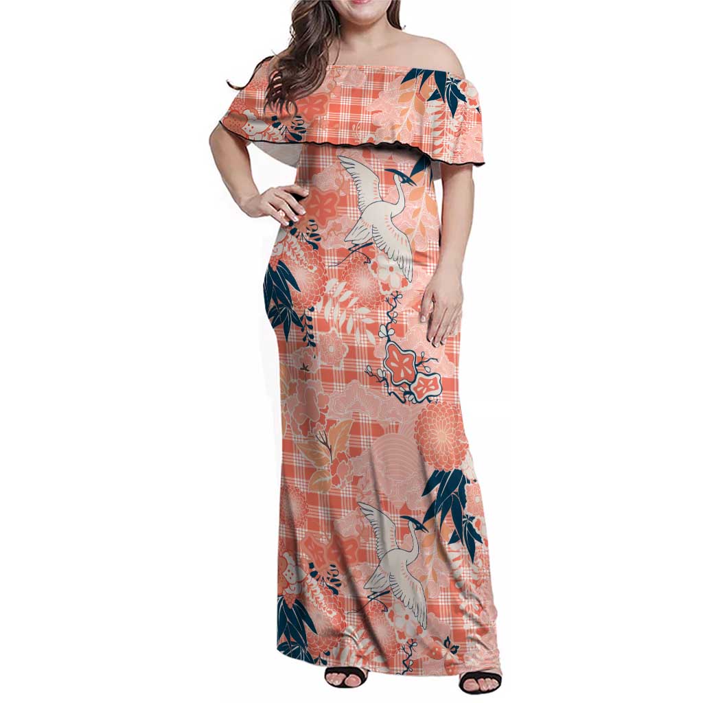 Red Palaka Crane and Flowers Family Matching Off Shoulder Maxi Dress and Hawaiian Shirt Japan Heritage Spirit LT9 Mom's Dress Red - Polynesian Pride