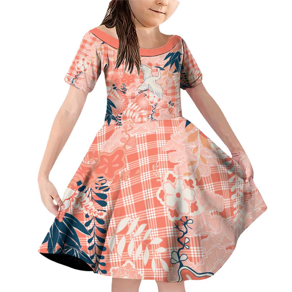 Red Palaka Crane and Flowers Family Matching Off Shoulder Short Dress and Hawaiian Shirt Japan Heritage Spirit LT9 Daughter's Dress Red - Polynesian Pride