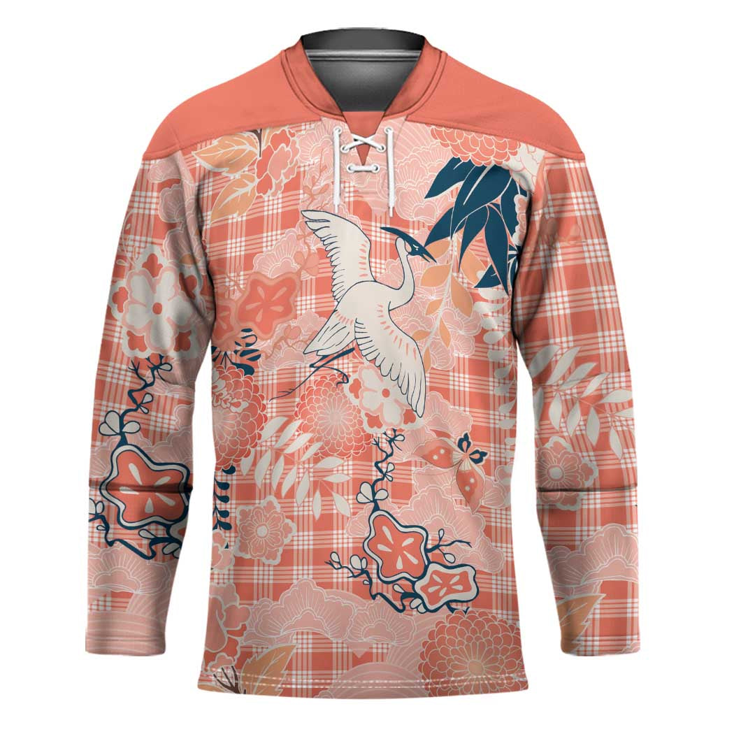 Red Palaka Crane and Flowers Hockey Jersey Japan Heritage Spirit - Polynesian Pride