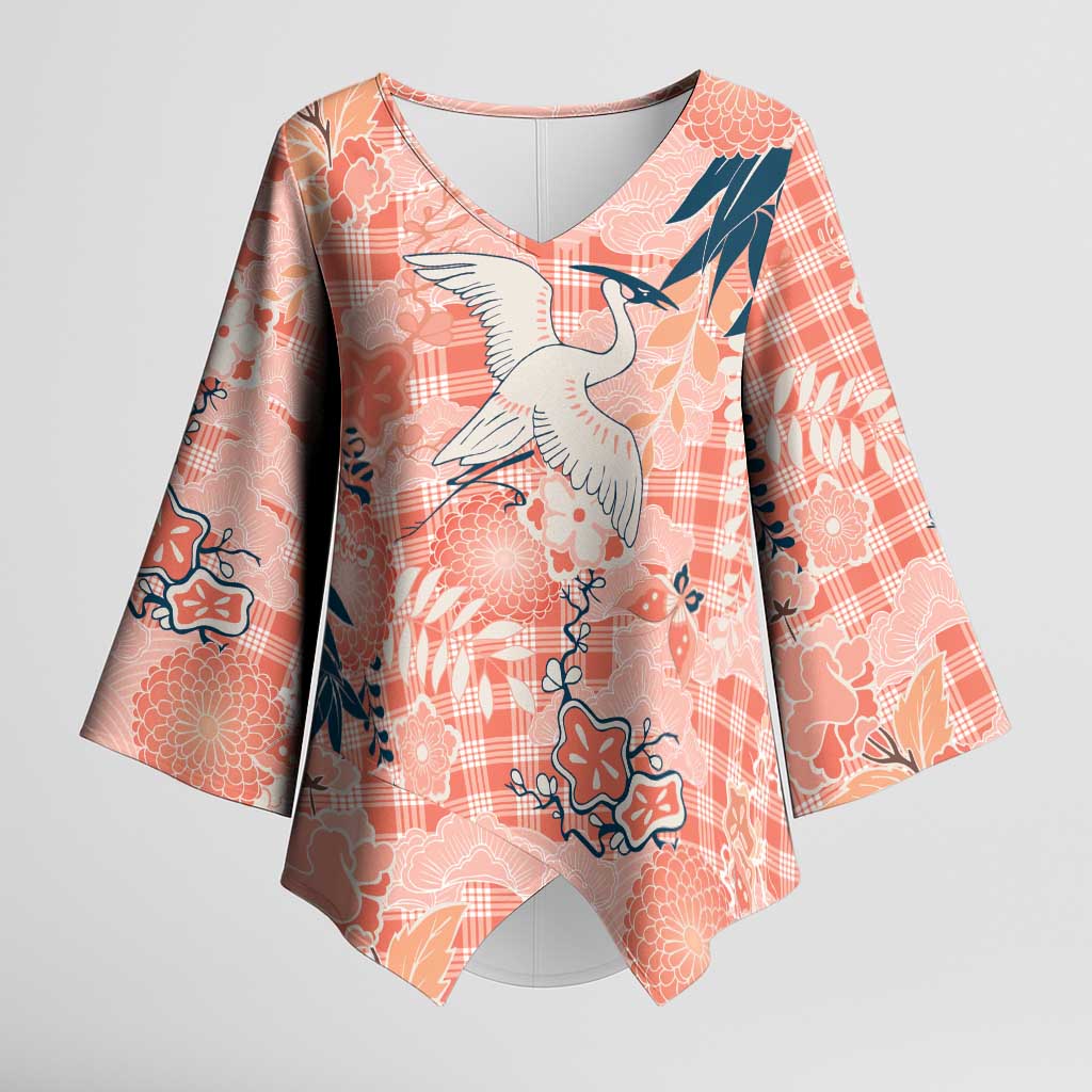 Red Palaka Crane and Flowers Kimono Sleeve Blouse Japan Heritage Spirit - Polynesian Pride