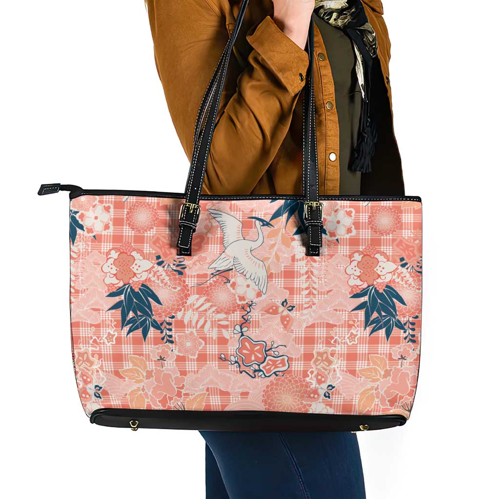 Red Palaka Crane and Flowers Leather Tote Bag Japan Heritage Spirit - Polynesian Pride
