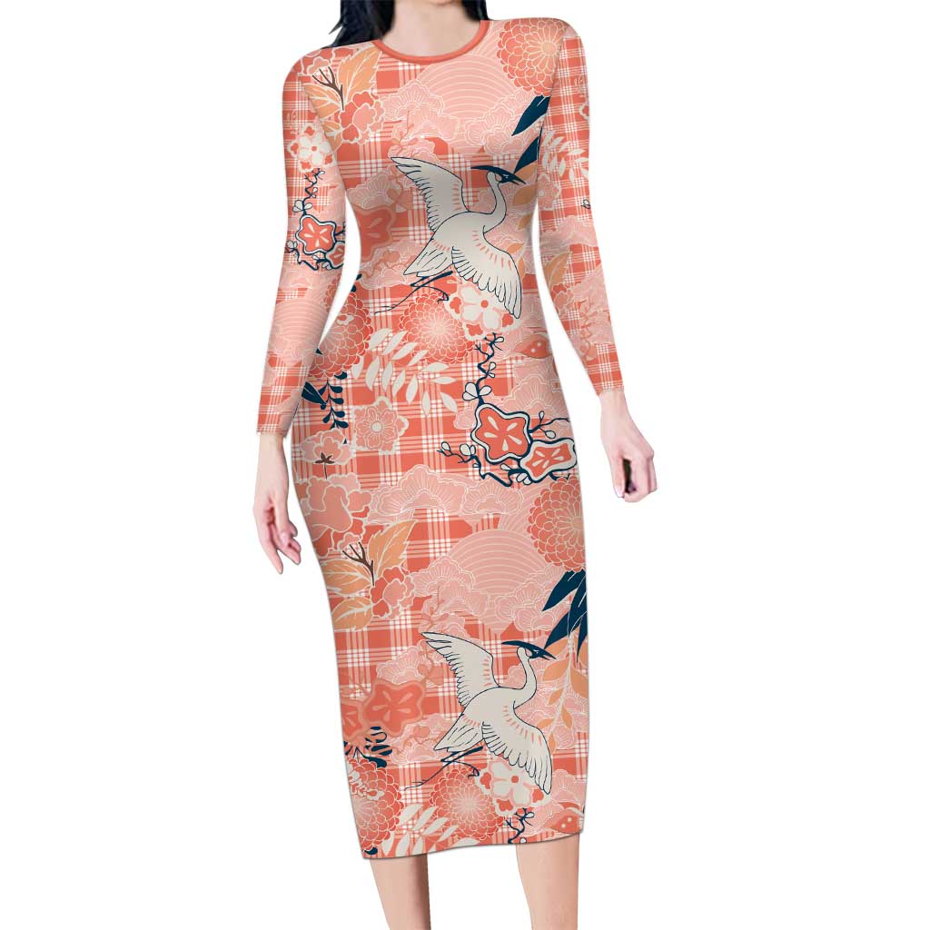 Red Palaka Crane and Flowers Long Sleeve Bodycon Dress Japan Heritage Spirit - Polynesian Pride