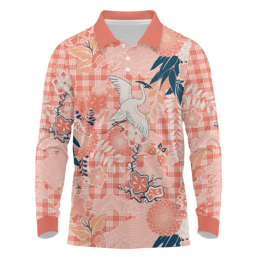 Red Palaka Crane and Flowers Long Sleeve Polo Shirt Japan Heritage Spirit LT9 Red - Polynesian Pride