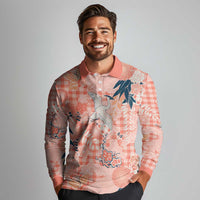 Red Palaka Crane and Flowers Long Sleeve Polo Shirt Japan Heritage Spirit LT9 - Polynesian Pride