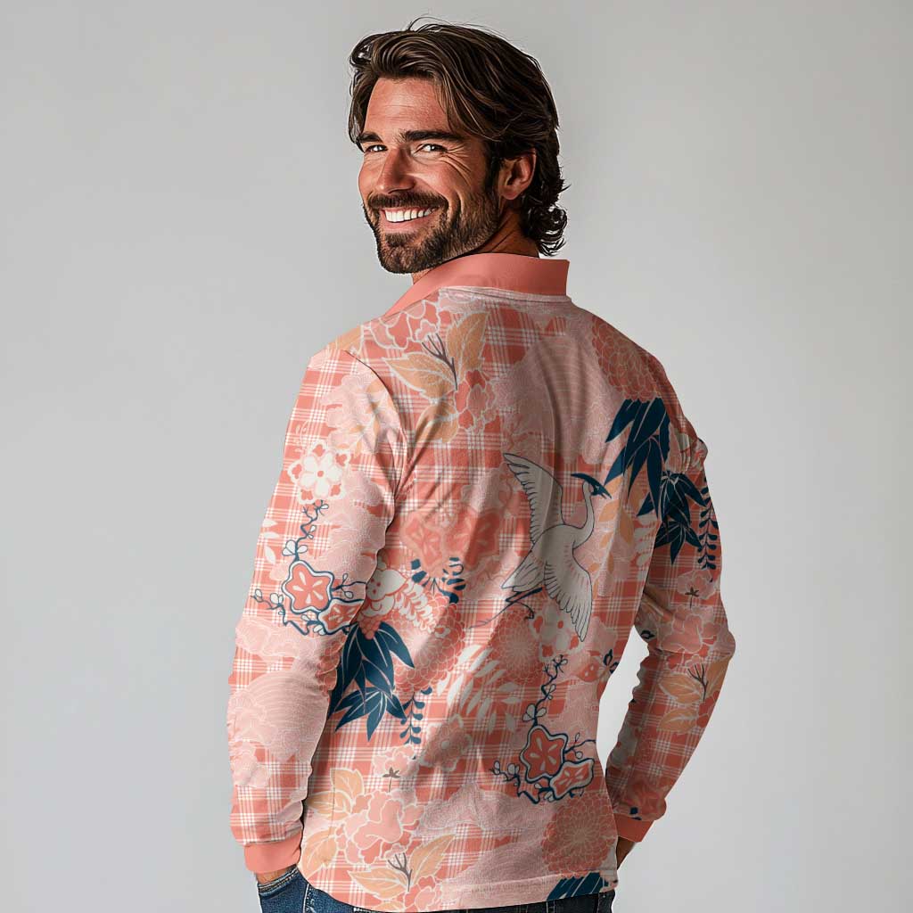 Red Palaka Crane and Flowers Long Sleeve Polo Shirt Japan Heritage Spirit LT9 - Polynesian Pride