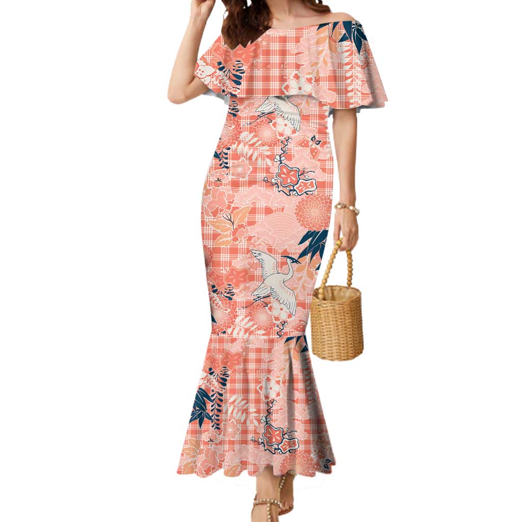 Red Palaka Crane and Flowers Mermaid Dress Japan Heritage Spirit - Polynesian Pride