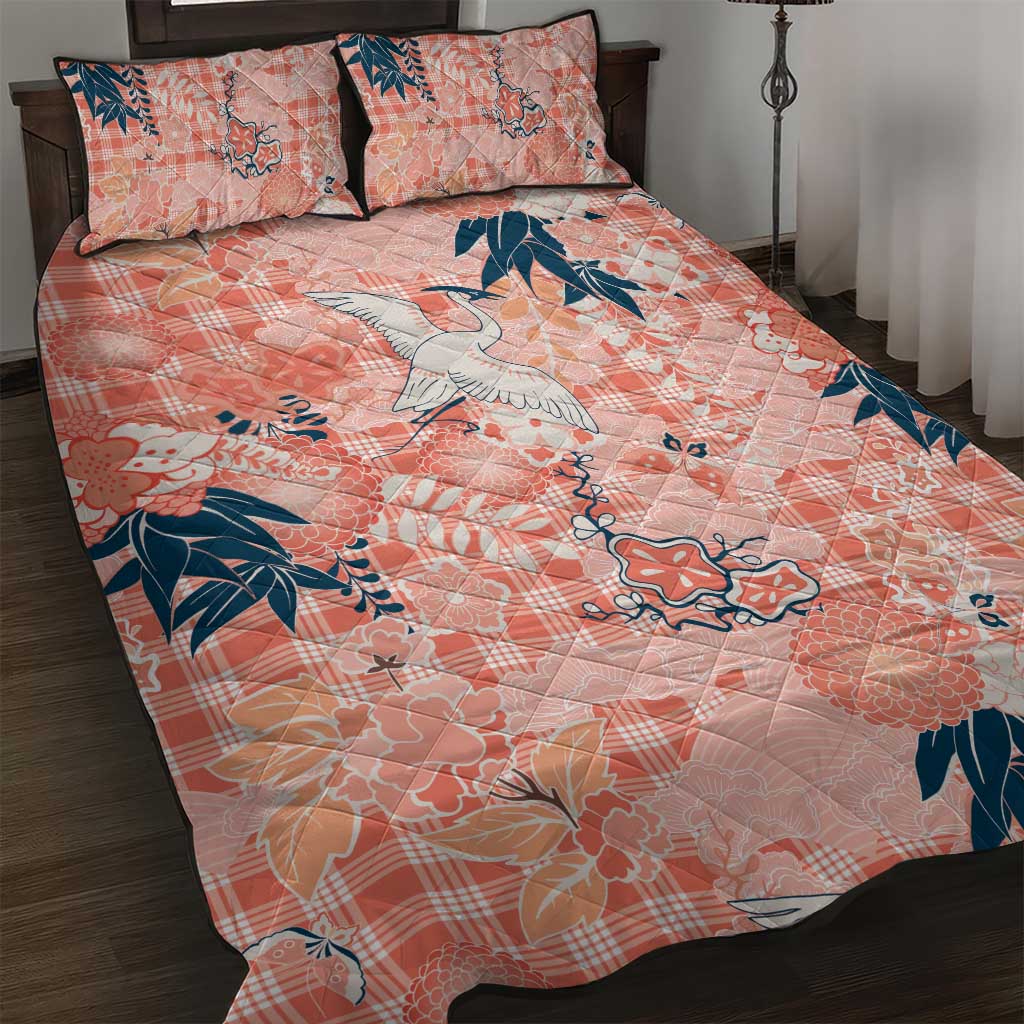 Red Palaka Crane and Flowers Quilt Bed Set Japan Heritage Spirit - Polynesian Pride