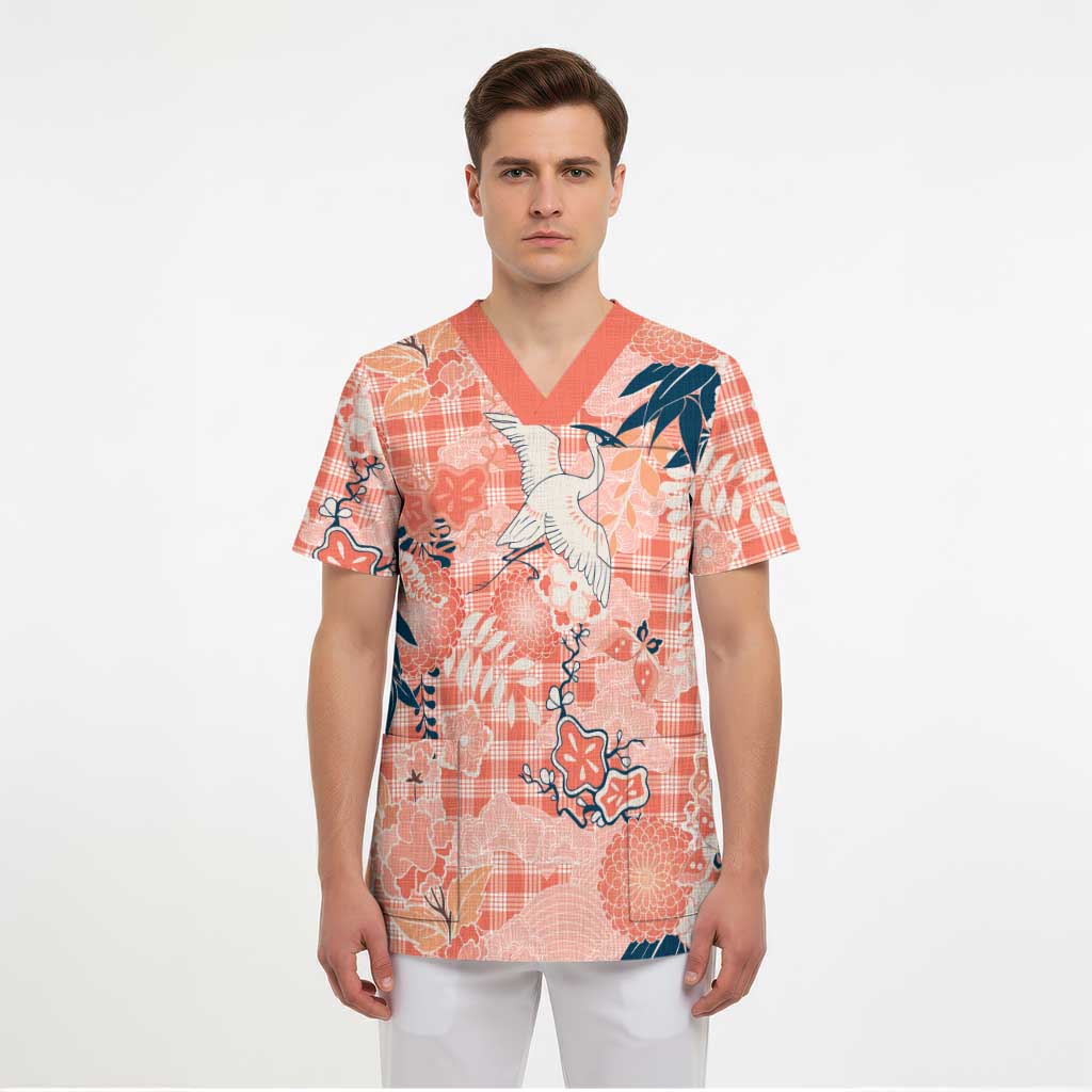 Red Palaka Crane and Flowers Scrub Top Japan Heritage Spirit - Polynesian Pride