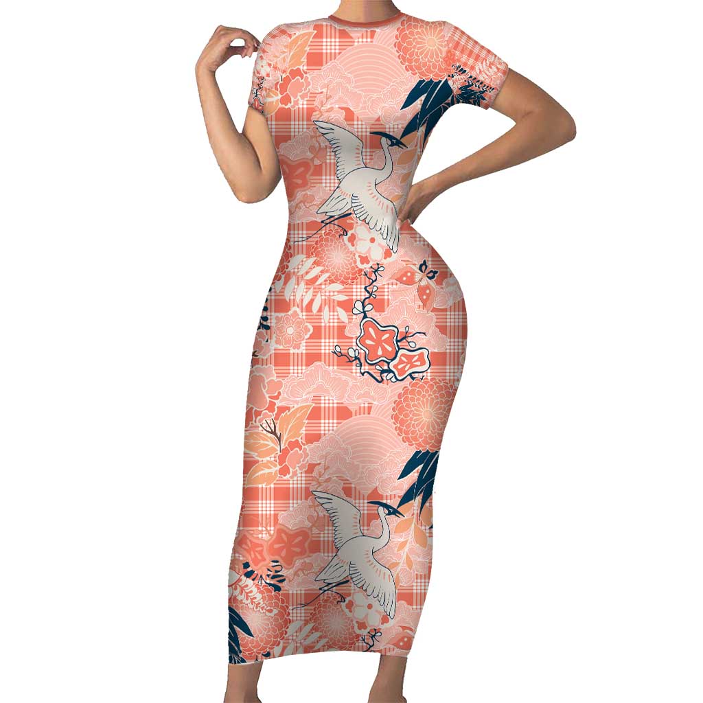 Red Palaka Crane and Flowers Short Sleeve Bodycon Dress Japan Heritage Spirit LT9 Long Dress Red - Polynesian Pride