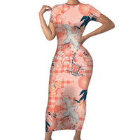 Red Palaka Crane and Flowers Short Sleeve Bodycon Dress Japan Heritage Spirit LT9 Long Dress Red - Polynesian Pride