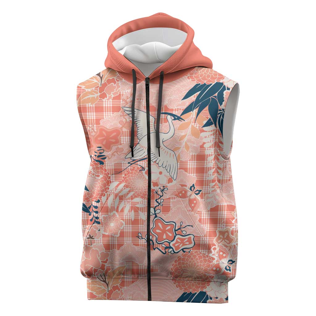 Red Palaka Crane and Flowers Sleeveless Zip Hoodie Japan Heritage Spirit LT9 Red - Polynesian Pride
