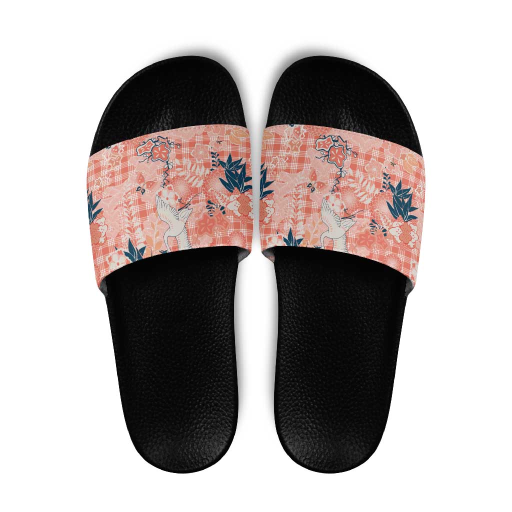 Red Palaka Crane and Flowers Slide Sandals Japan Heritage Spirit - Polynesian Pride