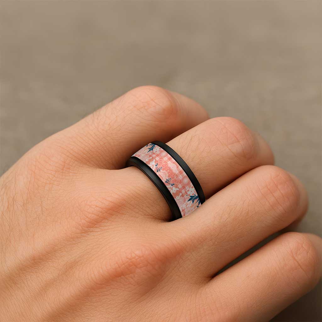 Red Palaka Crane and Flowers Spinner Ring Japan Heritage Spirit - Polynesian Pride