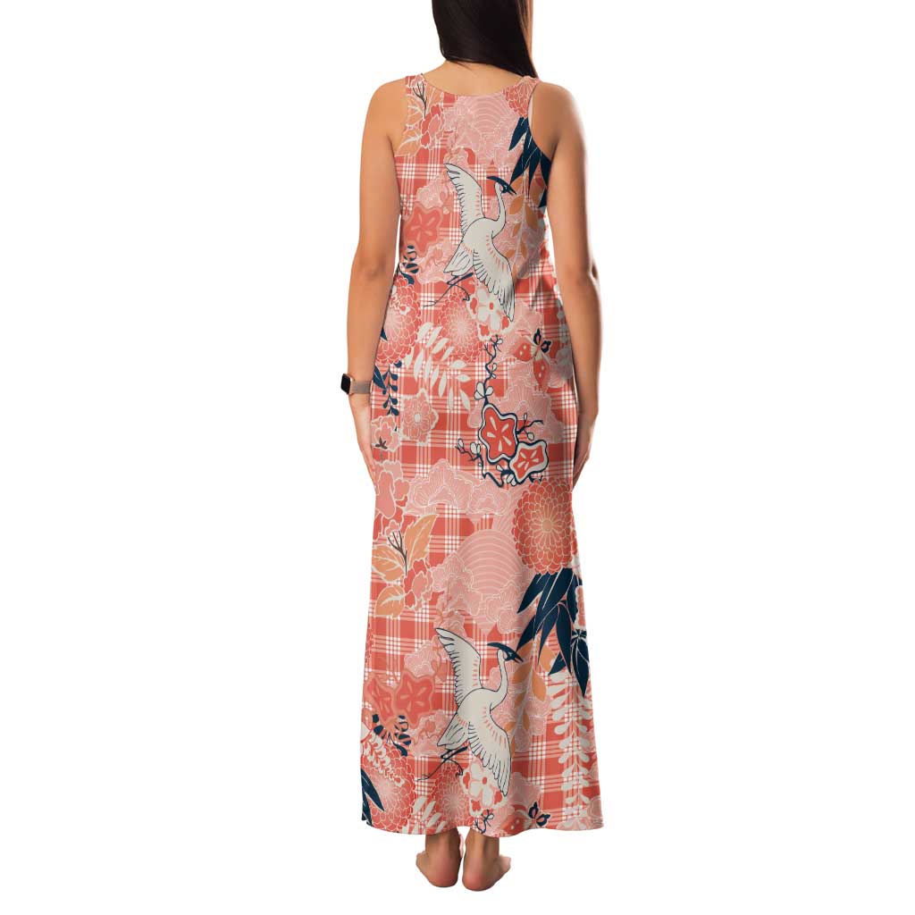 Red Palaka Crane and Flowers Tank Maxi Dress Japan Heritage Spirit - Polynesian Pride