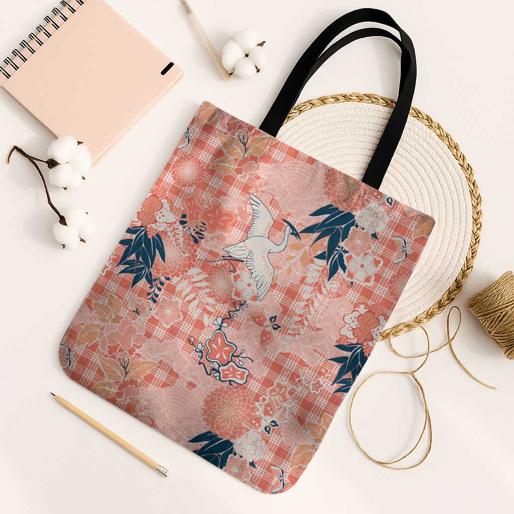 Red Palaka Crane and Flowers Tote Bag Japan Heritage Spirit - Polynesian Pride