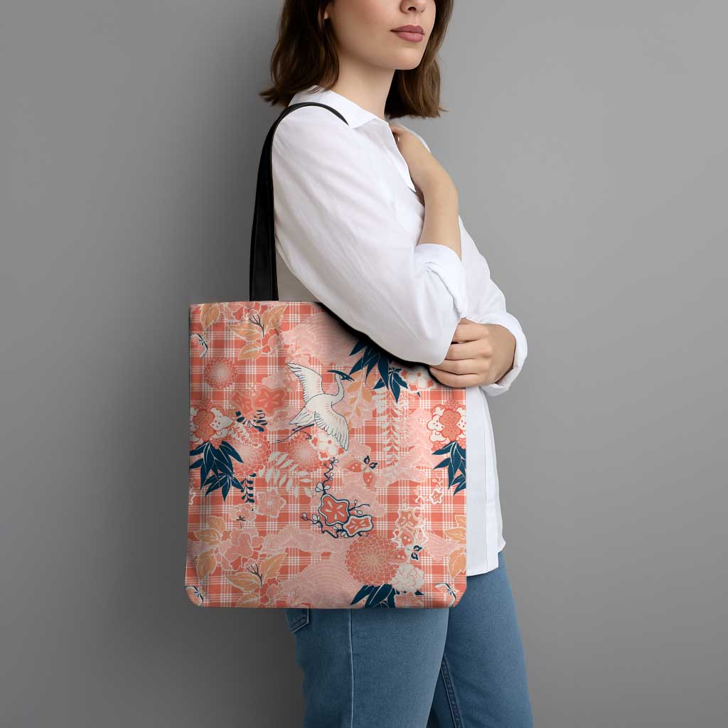 Red Palaka Crane and Flowers Tote Bag Japan Heritage Spirit - Polynesian Pride