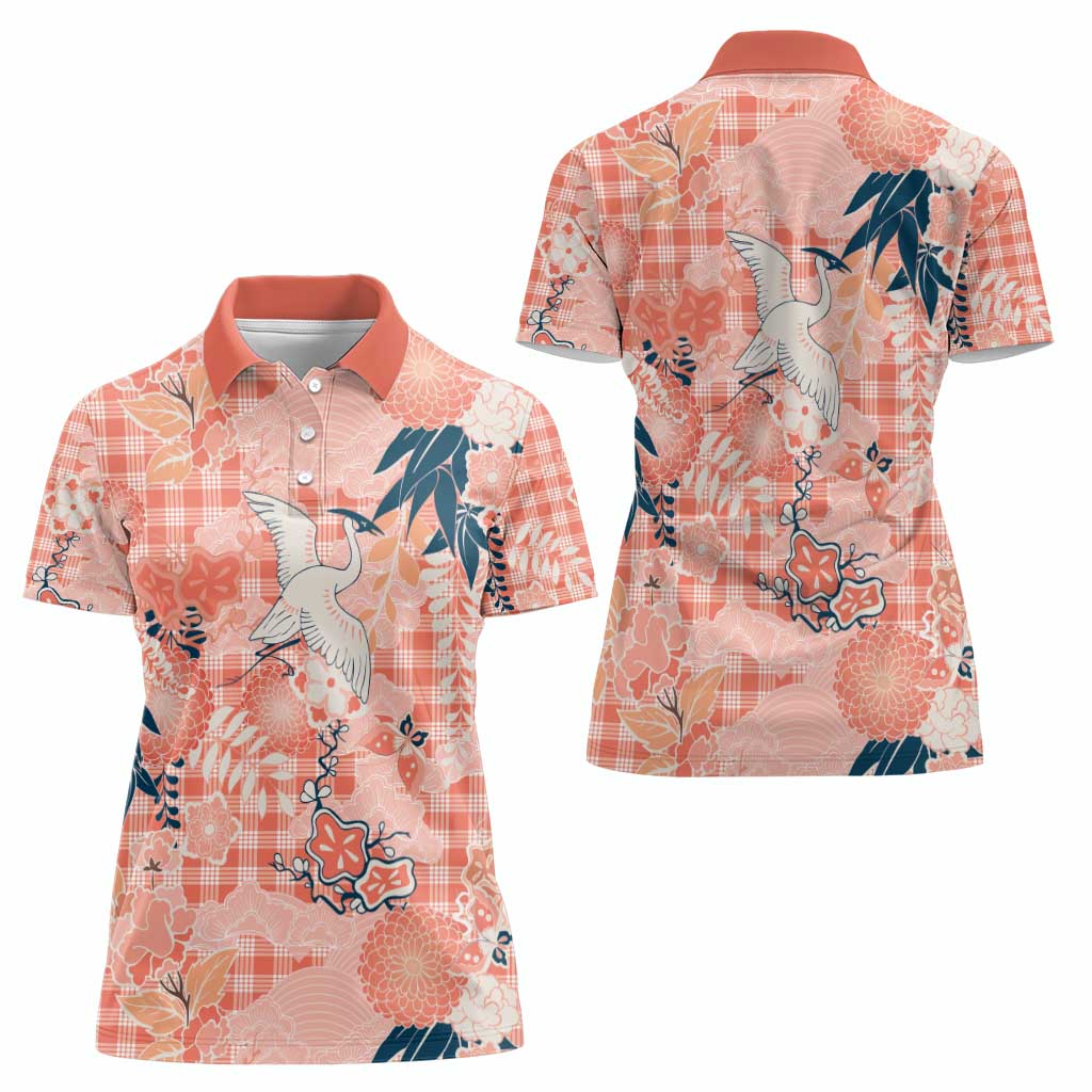 Red Palaka Crane and Flowers Women Polo Shirt Japan Heritage Spirit - Polynesian Pride