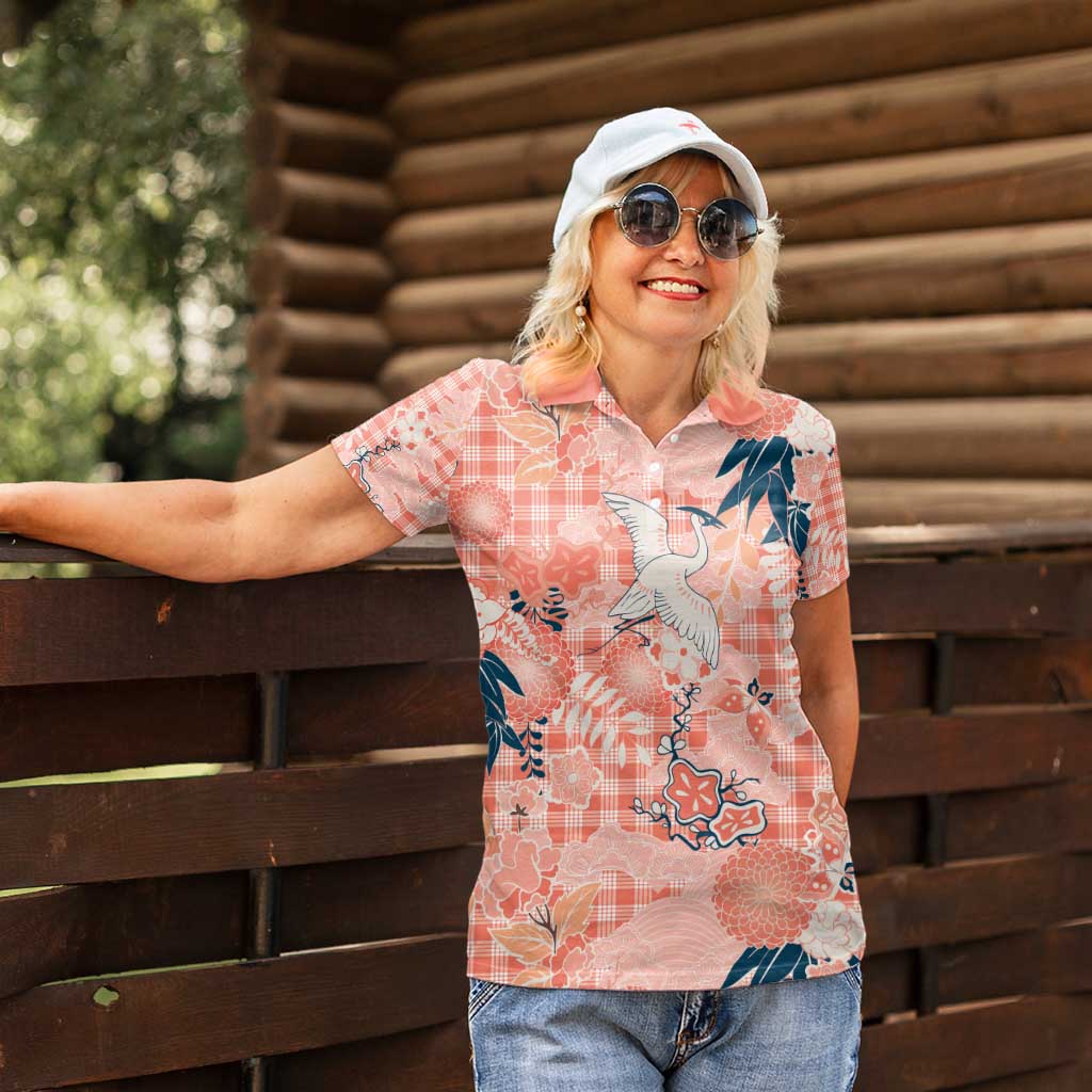 Red Palaka Crane and Flowers Women Polo Shirt Japan Heritage Spirit - Polynesian Pride