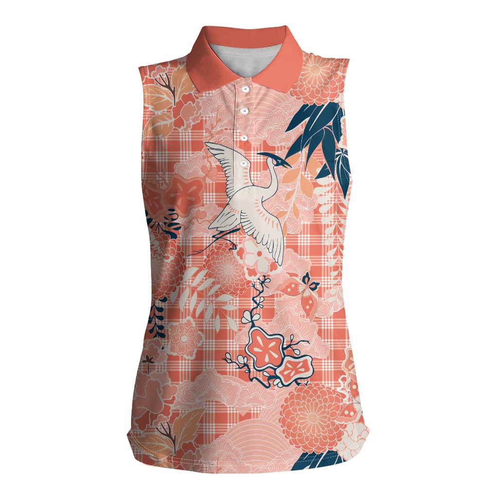 Red Palaka Crane and Flowers Women Sleeveless Polo Shirt Japan Heritage Spirit LT9 Female Red - Polynesian Pride