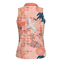 Red Palaka Crane and Flowers Women Sleeveless Polo Shirt Japan Heritage Spirit LT9 - Polynesian Pride