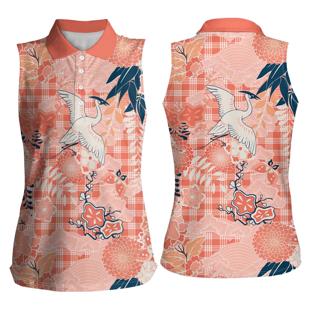 Red Palaka Crane and Flowers Women Sleeveless Polo Shirt Japan Heritage Spirit LT9 - Polynesian Pride