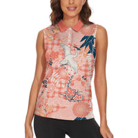 Red Palaka Crane and Flowers Women Sleeveless Polo Shirt Japan Heritage Spirit LT9 - Polynesian Pride