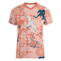 Red Palaka Crane and Flowers Women V-Neck T-Shirt Japan Heritage Spirit LT9 Female Red - Polynesian Pride