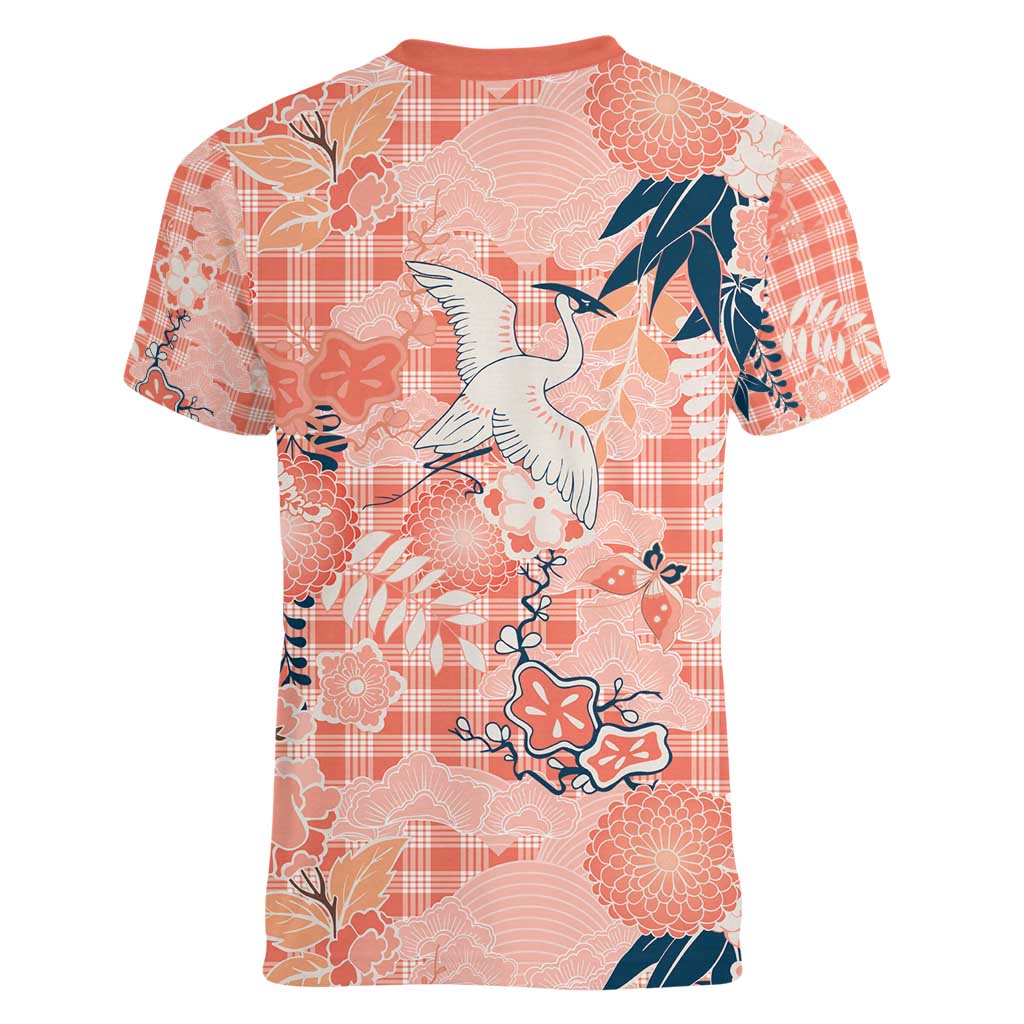 Red Palaka Crane and Flowers Women V-Neck T-Shirt Japan Heritage Spirit LT9 - Polynesian Pride