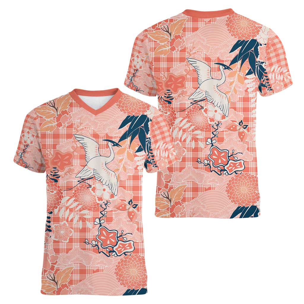 Red Palaka Crane and Flowers Women V-Neck T-Shirt Japan Heritage Spirit LT9 - Polynesian Pride