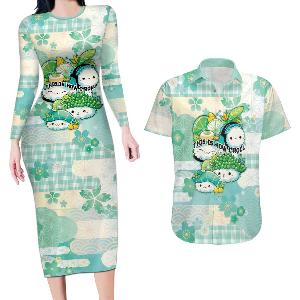 Personalized Japanese Kawaii Sushi Couples Matching Long Sleeve Bodycon Dress and Hawaiian Shirt Green Wagara Palaka This Is How I Roll LT9 Green - Polynesian Pride